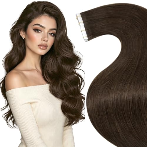 Image of LaaVoo Tape in Hair Extensions Medium Brown Human Hair Tape on Extensions Brown Hair Extensions Tape in Real Human 20Pcs 14 Inch 40g