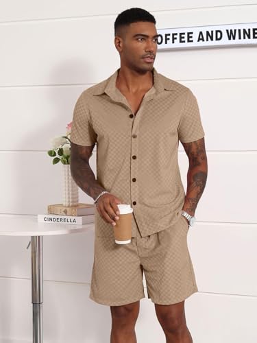 UOUA Mens Velour Tracksuit 2 Piece Outfits Short Sleeve Button Down Shirt and Short Sets Casual Sweatsuits4