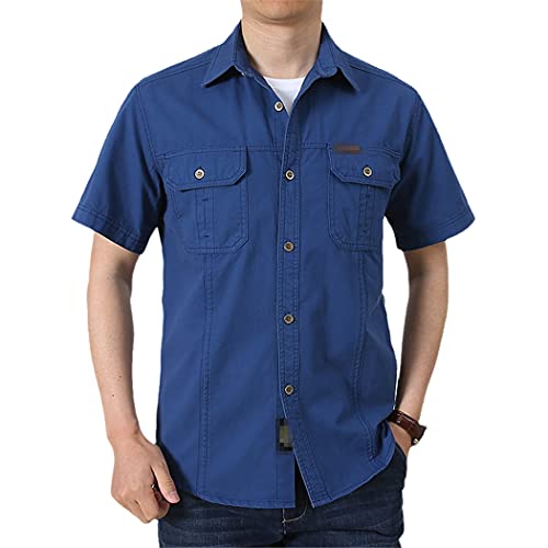 Chemise d'été à manches courtes grande taille homme bleu avec plusieurs poches pratiques