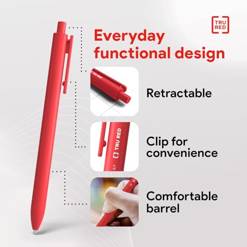 Image of TRU RED Retractable Gel Pens, Medium Point 0.7mm, Red Ink, 12 Pack - Quick‑Dry Pens for Grading, Editing & Mark‑Up