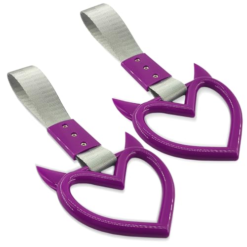 Image of 2PCS Heart shaped Car Handle Straps, Heart Car Accessories, Ring Hearts Shaped Cars Hand Strap Drift Charm, Universal Handle Keychains Accessory Suitable for Cars Bus (Purple+silver)
