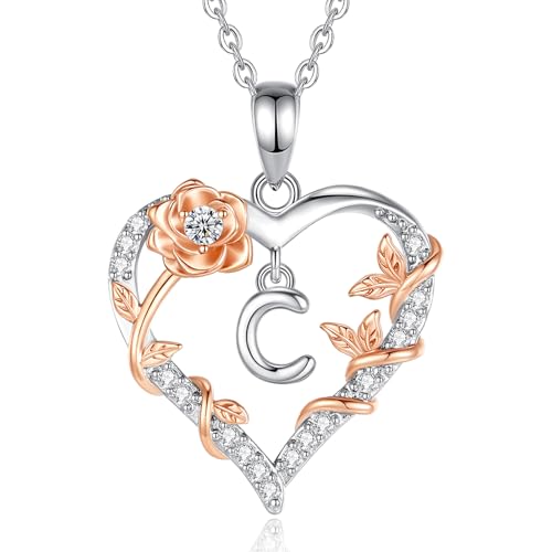 Rose Heart Initial C Ketting voor Vrouwen Letter C Alfabet Initial Kettingen Koper Rhodium Plated Hanger met Kubieke Zirkonia, Initialen Sieraden Geschenken voor Vrouwen Vrouw 18