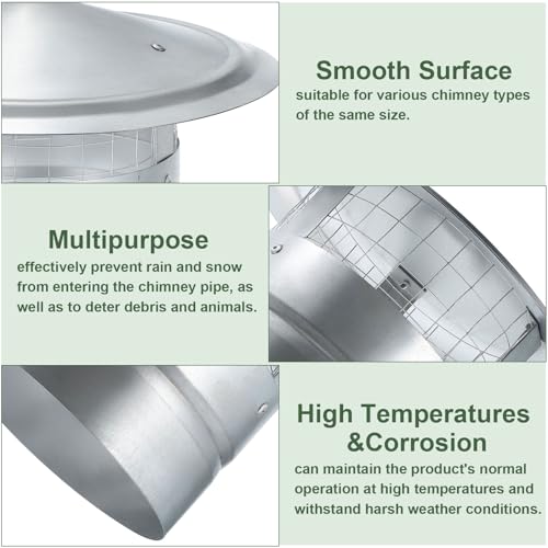 YOKIVE 1 Pcs 4-Inch Round Chimney Cap, Galvanized Iron Cone Top Chimney Cap with Screen | Stove Pipe Cap Stovepipe Finial Great for Outside Vent Flue Roof (L 6.69In) - Thumbnail 6