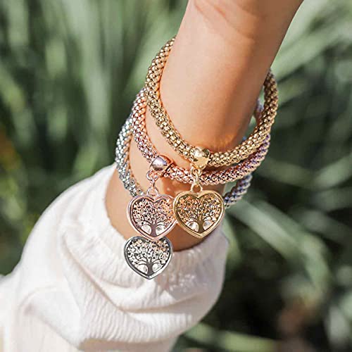 SILANER Crystal Charms Multilayer Bracelets - 3PCS Gold/Silver/Rose Gold Corn Chain Bracelet for Women, Tree of Life Heart Shaped Stretch Bracelet(TREE OF LIFE HEART EDITION CHARM) - Image 5