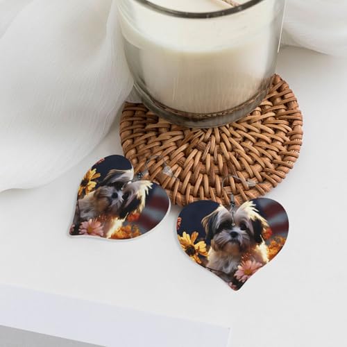Shih Tzu Hunde- und Blumen-Leder-Ohrringe für Damen, Herz-Ohrringe, leicht, baumelnd, Schmuck, Geschenke