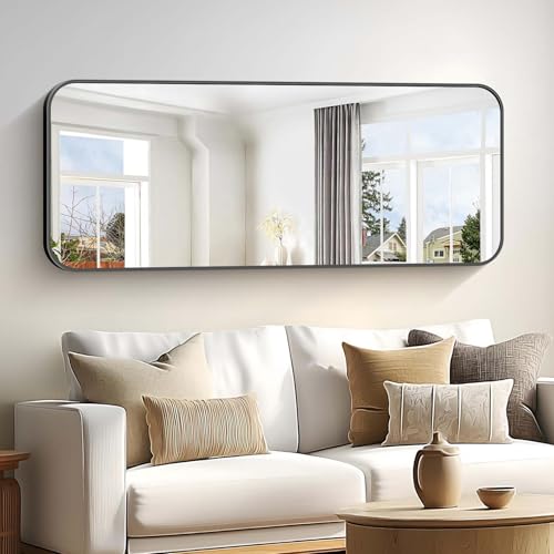 Image of Bathroom Mirror, 60 x 24 inch Metal Framed Black Rectangle Mirror, Rounded Corner Rectangular Vanity Mirror, Large Wall Mounted Mirror for Modern Bedroom Living Room Horizontal or Vertical