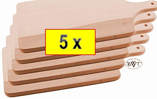 5 Grill-Schneidebrett, Pizzabrett SPÜLFEST*, Buffetplatte Holz Natur, je ca. 35 cm x 16 cm als Bruschetta-Servierbrett, Brotzeitbrett mit