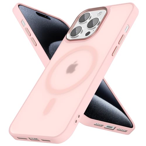 oakxco Magnetic Case for iPhone 15 Pro Phone Case Compatible with Magsafe, Slim Thin Clear Hard Shell Plastic & Silicone Rubber Bumper, Transparent Cute Mag Safe Cover for Women Girls, Light Pink