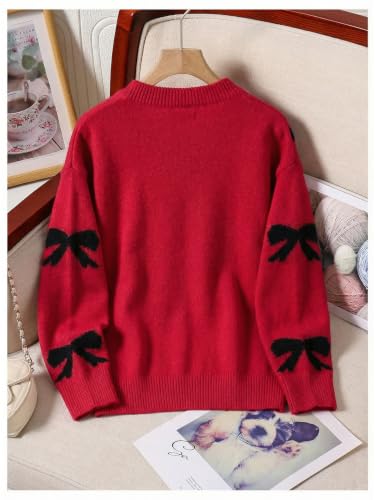 Image of BEAUDRM Girl's Cute Bow Sweater Crew Neck Long Sleeve Drop Shoulder Loose Pullover Tops
