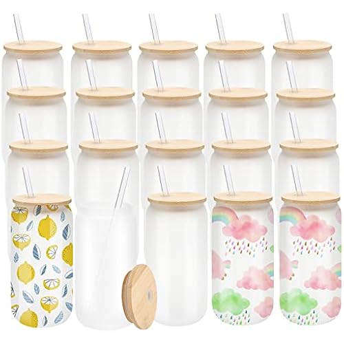 WHEATHUSK 20 Pack Sublimation Glass Cups Frosted 16oz Blanks Sublimation Borosilicate Glasses Tumbler with Bamboo Lids and Straws for Beer, Juice, Soda, Iced Coffee, Drinks