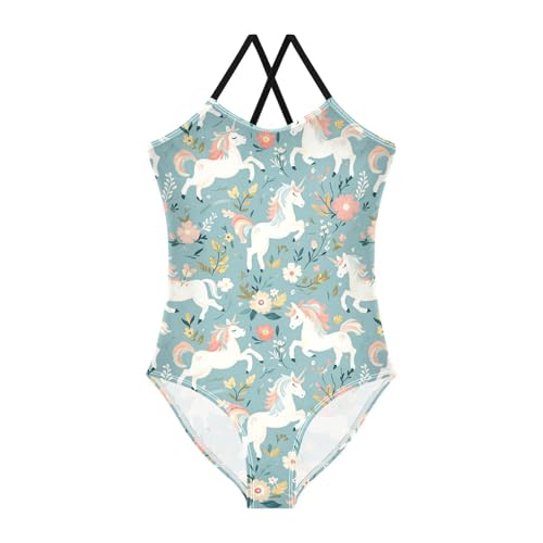 ALAZA Flower Unicorn Cartoon Floral Girls Swimsuit Bathing Suit Beach Swimwear One Piece 7-8T