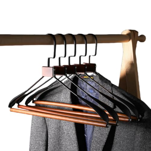 Sarinyハンガー 木製 ハンガー 錬鉄製コートハンガー5本 収納ハンガー ランドリーハンガー 防錆 曲がらない はんがー 耐久性 頑丈 便利な収納 スリム 軽量 滑り止めズボンバーと360°回転フック付き、スーツ、シャツ、コート、パンツ、ズボン用 (D