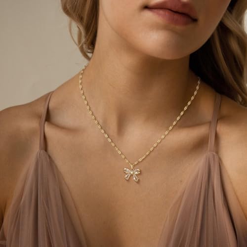 Gold/Silver Necklace For Women,Bow Necklace 14K Gold/Sterling Silver Plated Layered Cute Small Bow Pendant Choker Chain Necklace Dainty Necklaces For Women Gold Jewelry Gift3