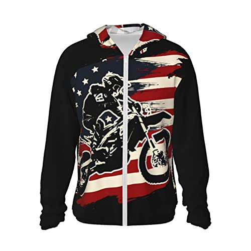 errtavt Motocross Dirt Bike American Flag Sun Protection Hoodie Women's Long Sleeve Uv Shirts Jacket Jacket Hooded with Pockets for Hiking Outdoor Large