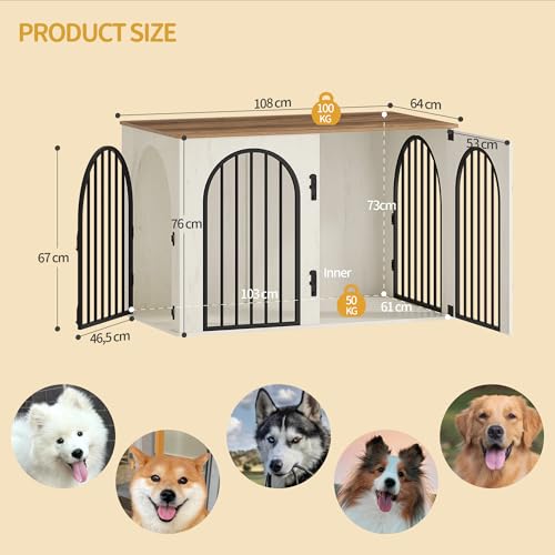 Hzuaneri Hundekäfig Möbel, 108 cm Hundebox für Zuhause, 3 Türen, Bogentür, Moderne Hundebox Indoor für Hunde, Beistelltisch, Hundekäfig Hochbelastbar, 108 x 64 x 76 cm, Weiß Braun DFC86014B