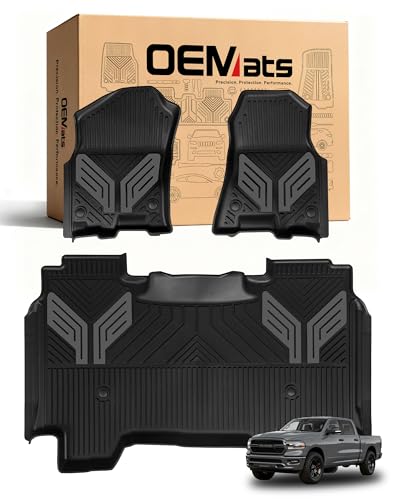 Image of Premium Color TPE Floor Mats for Ram 1500 Crew Cab 2019-2024 | Bucket Seats | All-Weather Custom Fit Floor Liners Full Set | Titan Gray Wing Design | No Rear Under-Seat Storage (Not Classic)
