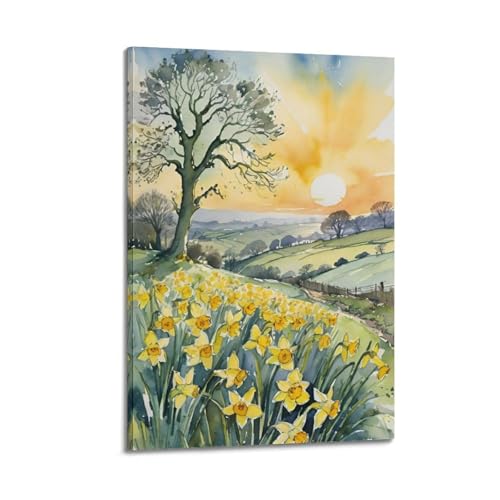 Poster paysage jonquilles au coucher du soleil pour salon moderne