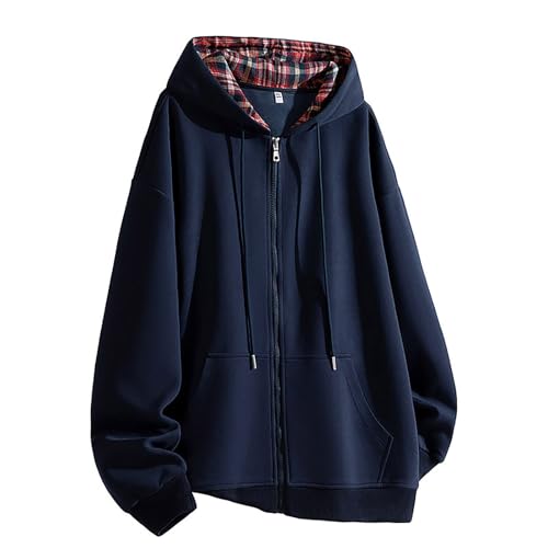 Oversized Hoodies for Men Plaid Lined Long Sleeve Loose Fit Hooded Sweatshirt Trendy Drawstring Zip Hoodies Jacket