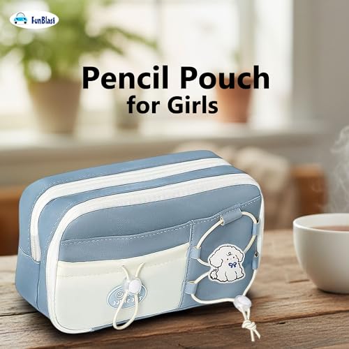 Image of FunBlast Pencil Pouch for Girls - Aesthetic Multi-Compartment Zipper Pouch with Drawstring Pocket, Cute Kawaii Pencil Case, Stylish Stationery Pouch, Return Gift for Kids & School Use (Grey)