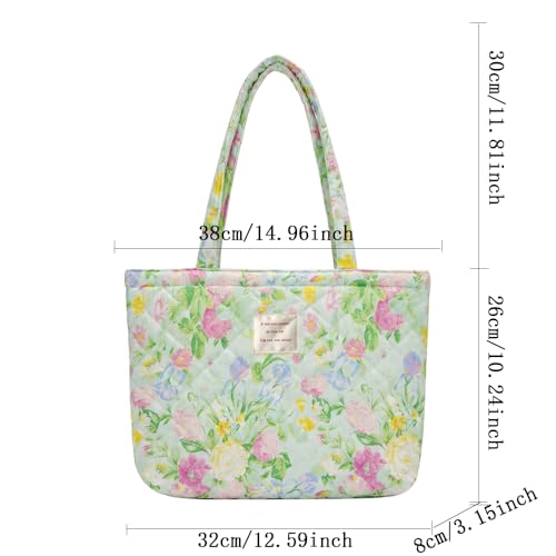 Image of Floral Quilted Cotton Shoulder Bag for Women Daily Use Medium Size Handbag Large Capacity Thickened Design Tote