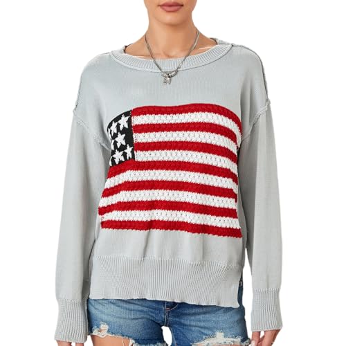 Image of Women American Flag Sweater Loose Vintage USA Sweatshirt Long Sleeve Crewneck Hollow Out 4th of July Jumper
