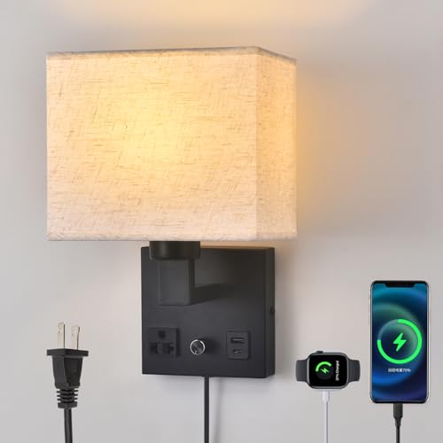 CNMYKYDS Bedside Wall Lamp for Bedroom Plug in Wall Sconce - Dimmable Switch with AC Outlet & USB Charging Port Fabric Shade Black Wall Mounted Light for Living Room Hotel
