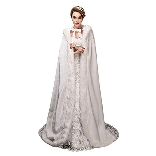 Ommda Capa Mujer con Capucha Pelo Abrigo Largo para Invierno Elegante Chal Disfraces Boda Fiesta Navidad Halloween,Blanco Marfil,