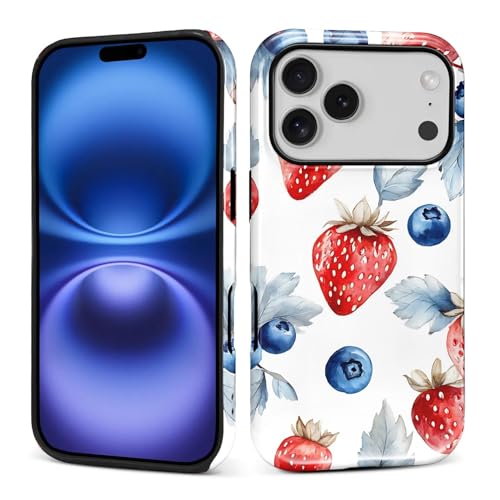 Teonvpu for iPhone 17 Pro Case, Watercolor Blueberry Strawberry Fruits Pattern Glossy 2 in 1 Shockproof Bumper Drop Protective Case for Girl Women Boy Men