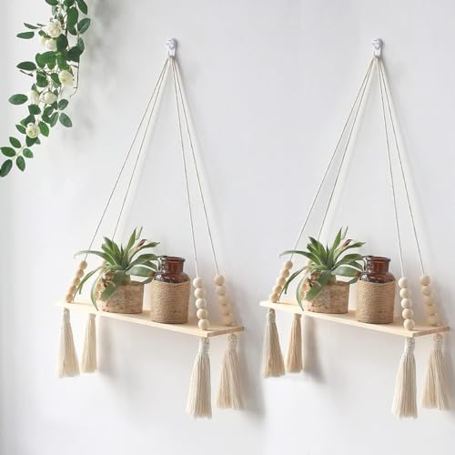 Image of Macrame Wall Hanging Shelf for Home Decor, Bohemian Floating Wooden Shelve for Bedroom, Living Room, Nursery and Marriage Party Decoration, White, 16X5X24 Inches (Large, 1-Piece)