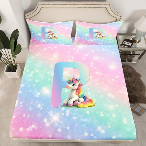 Unicorn Girls Fitted Sheet Twin for Kids Rainbow Pink Unicorn Bed Sheets, Galaxy Stars Gradient Glitter Bedding Set for Princess Style Room Decor Kawaii Cute Alphabet P Sheets, 1 Pillow Case