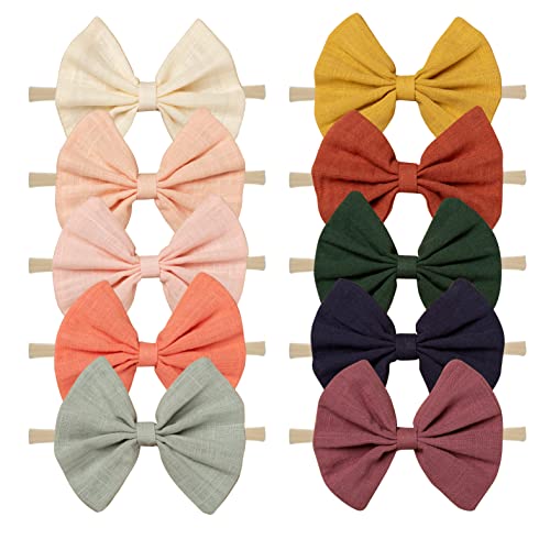 Image of Whale&clouds Baby Headbands and Bows for Girls,10 Pcs Linen Hair Bows with Stretchy Nylon Hair bands,Handmade Hair Accessories with 4 inch Big Bows for Newborn Toddler Children Gifts