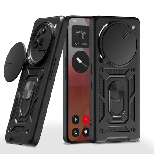 Image of Pikkme Back Cover for Nothing Phone 3a Pro 5G | 360 Protection Case | Sliding Camera Shield Cover & Ring Holder Stand D10 Tough Armor Bumper Case (Black)