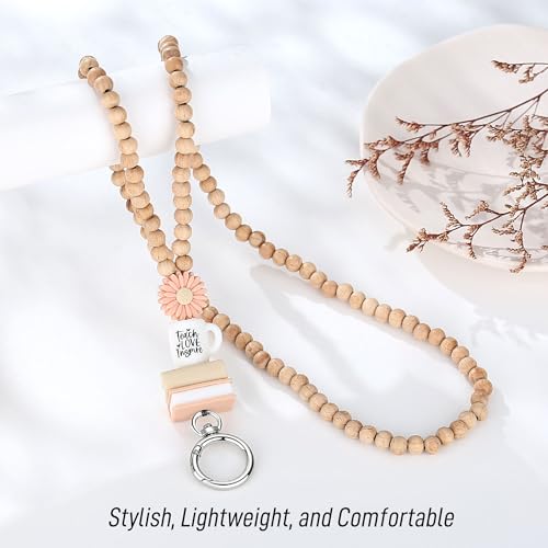 Image of Teacher Lanyard Lanyards for ID Badges Keys Women Wood Silicone Beaded Lanyard with ID Holder Work Jewelry