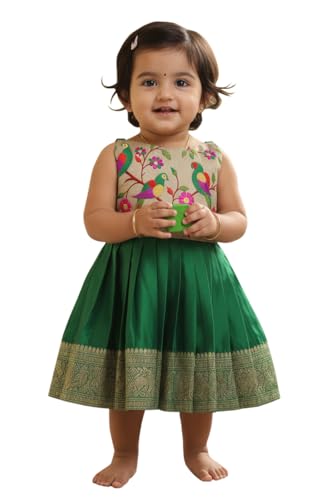 Image of South Indian Traditional Pattu Pavadai Jacquard Frock Dress for Baby Girls