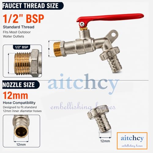 Image of 1 /2 inch Brass Bib Cocke with Lockable Metal Lever | Heavy Duty Brass Bib Tap with Hose Nozzle | Nickel Chrome Plated Outdoor Water Tap for Garden, Car Wash & Utility Use