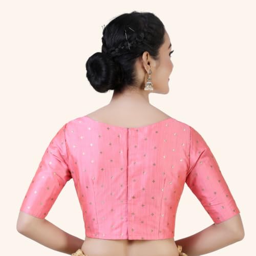 Image of Studio Shringaar Women Cotton Silk Silky Brocade Readymade Elbow Length Sleeves Saree Blouse Choli