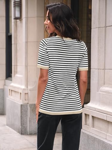 LILLUSORY Womens Striped Short Sleeve Sweater Pullover Shirts with Chest Pocket4