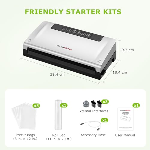 Image of Bonsenkitchen Vacuum Sealer Machine, Built-in Cutter | Bag Storage, Multifunctional Food Sealer for Sous Vide & Meal Prep, 1 Roll Bag & 5 Pre-Cut Bags, Silver