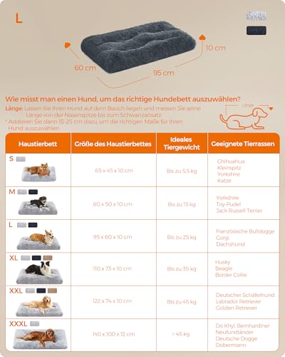 Feandrea Hundebett, Hundekissen, Flauschige Hundematte, Langer Plüsch, 95 x 60 cm, weiche Polsterung, maschinenwaschbar, multifunktional, dunkelgrau PGW202G02