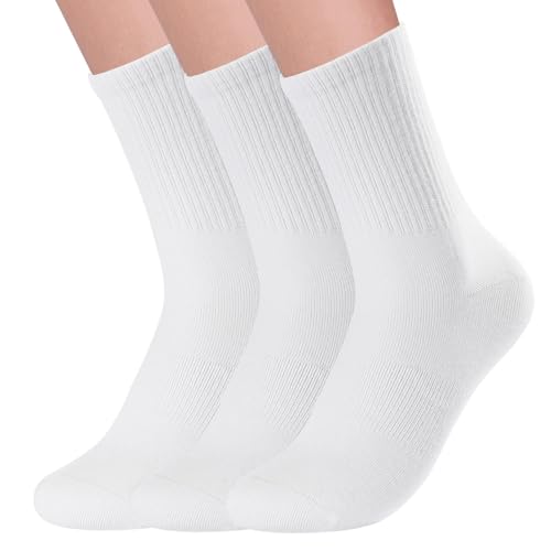 Image of 3 Pairs White Crew Socks for Women, Cotton Socks, Size 5-9