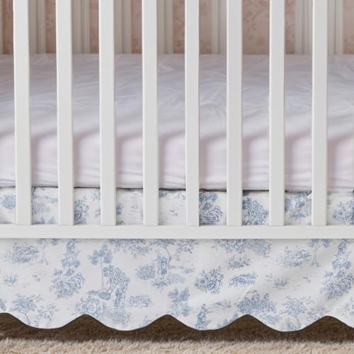 Image of Brandream French Country Toile Crib Skirt, Baby Girl Gender Neutral Crib Skirt Scalloped Toddler Bedskirt Vintage Blue Toile Floral Print 100% Cotton Farmhouse Chic Nursery Crib Bed Skirt
