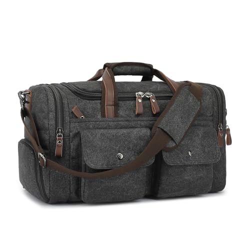 Koolehaoda Duffle Bag for Travel, 50L Canvas Travel Duffel Bags Overnight Weekend Gym Carry On Luggage Bag with Shoes Compartment Travel Bag for Men & Women (204-Black)