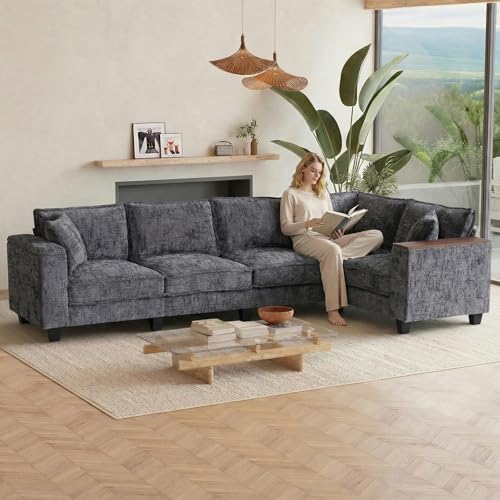 Image of 97 inch L Shaped Couch Corner Sofa, 5 Seater Oversized Cloud Couch with 2 Pillows Modular Sectional Sofa Armrests with Two Hidden Storage Space Sectional Couches for Living Room Gray Textured