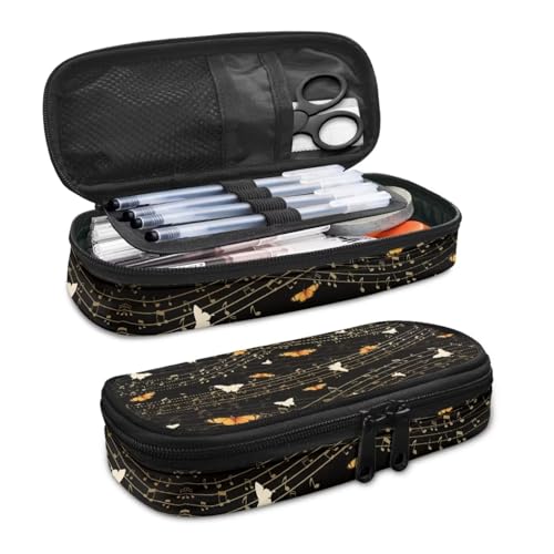 Image of Gold Butterflies Music Notes Print Pen Carrying Case, Large Opening Pencil Case Pencil Box Pen Holder Office Travel Toiletry Carry Pouch