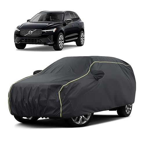Image of Sulfar 100% Water Resistant Car Body Cover Compatible with Mirror for Volvo XC60 (Triple Stitched, Full Bottom Elastic, Dark Grey Taffeta with Yellow Piping)