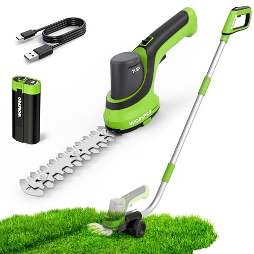 WORKPRO 7.2V Handheld Grass Trimmer 2-in-1 Cordless Hedge Trimmer & Grass Shears with 44.5 Wheeled Extension Pole 2Ah Battery Shrub Trimmer for Lawn Edging Garden Yard & Hedge Trimming