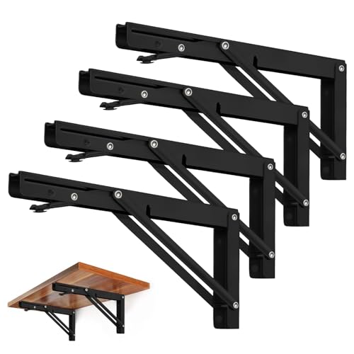 Image of Storystore Folding Shelf Brackets - 8 Inch Heavy Duty Metal Collapsible Shelf Bracket for Bench Table, Shelf Hinge Wall Mounted Space Saving DIY Bracket, Max Load: 150 lb (4 PCS, Black)