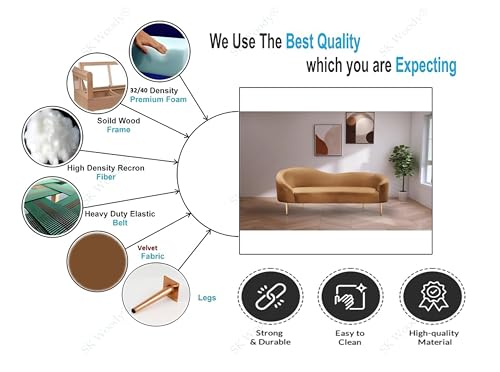 Image of Rosewood Luxury Curved Sofa in Premium Velvet-Fabric | Solid Wood Structure | High Density Foam | Sturdy Golden Legs | Comfortable & Stylish Couch for Modern Living Room (Saddle, 2 Seater)