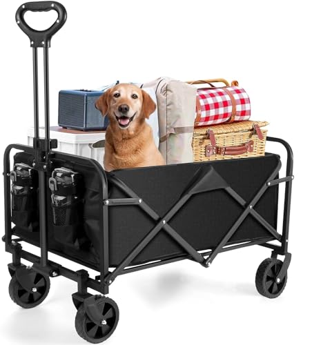 RUIXZSS Garden Cart Foldable Heavy Duty Beach Folding Wagon Cart with Wheels Large Capacity Portable Outdoor Foldable Cart for Sports Shopping Camping Beach (Black)