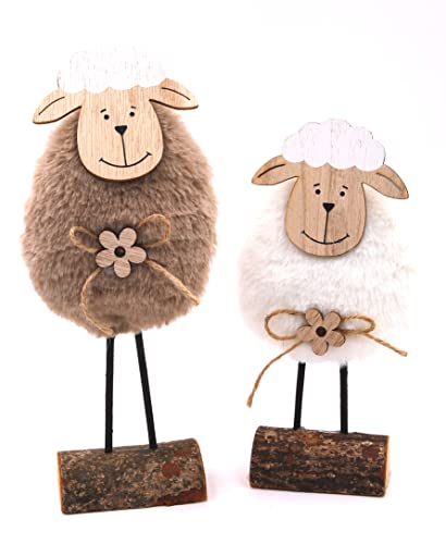 HBX Deko-Figur, süßes Schaf weiß 19x10x5cm, Auswahl möglich, Holz-Aufsteller mit Plüsch Schaf-Figur